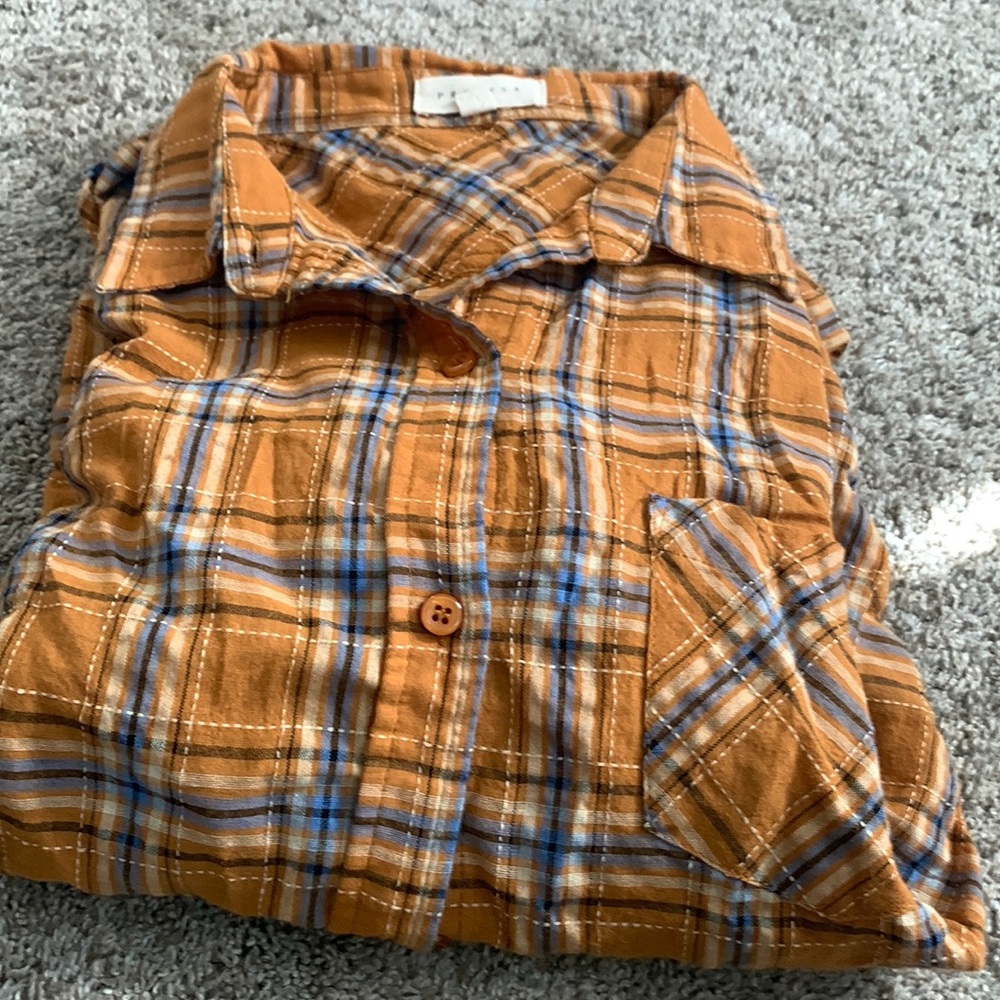 Excellent condition large blue gold white and black plaid long sleeve shirt